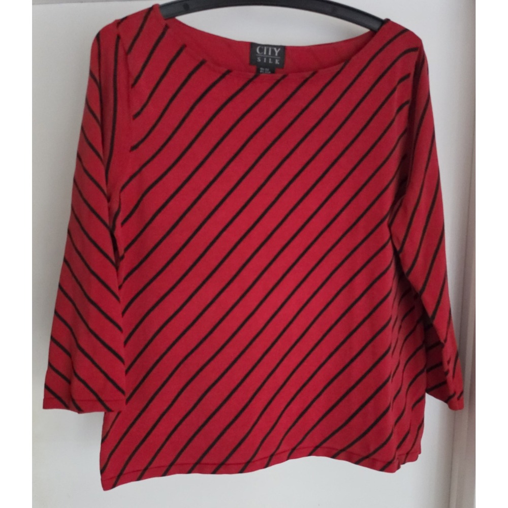 City Silk Sweater M Red Black Striped Boat Neck Long Sleeve Pullover Top Vintage